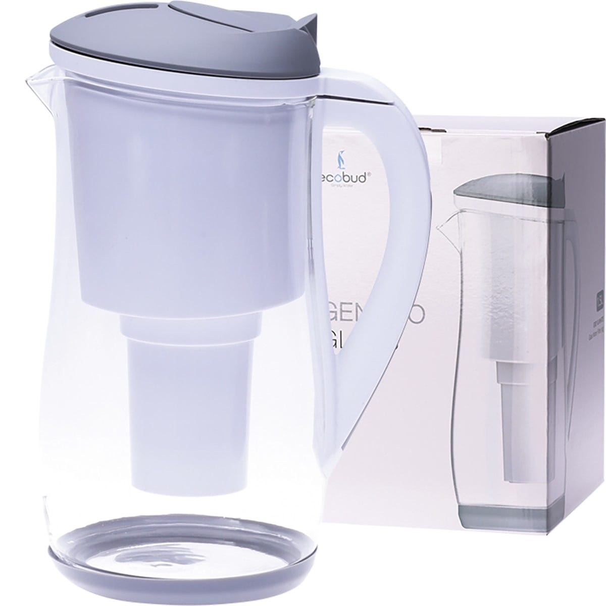 Ecobud Gentoo 1.5L glass water filter jug in grey and white featuring a borosilicate glass body and easy-grip handle.
