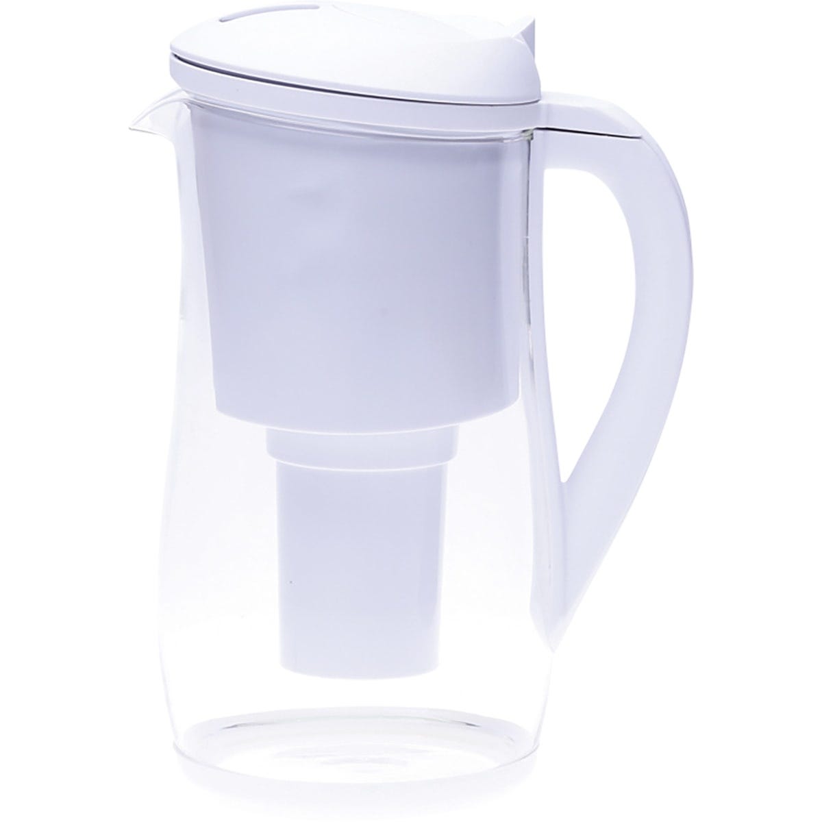 White 1.5L Ecobud Gentoo glass water filter jug with a white lid and ergonomic handle on a white background.
