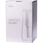 Side view of the white 1.5L Ecobud Gentoo glass water filter jug showing the clear glass and internal filter.
