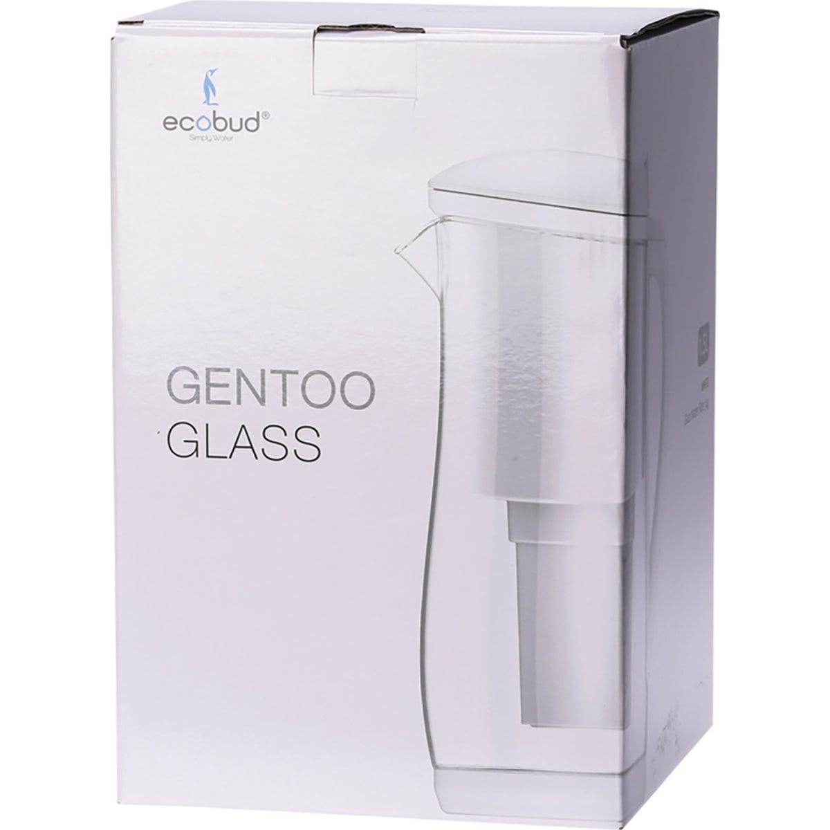 Side view of the white 1.5L Ecobud Gentoo glass water filter jug showing the clear glass and internal filter.