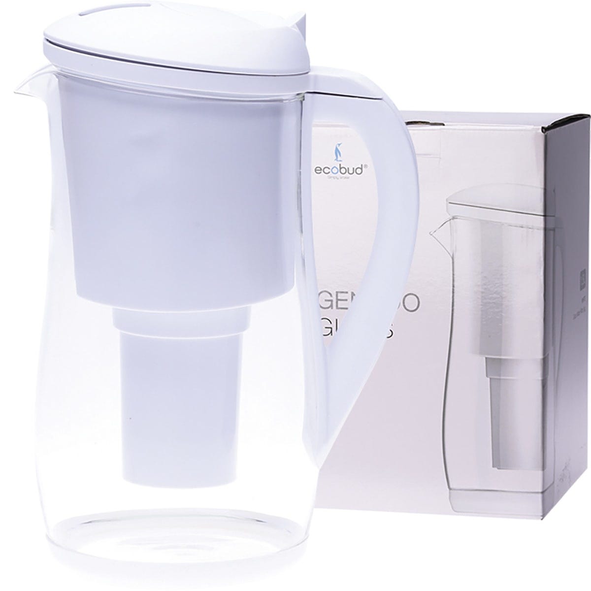 1.5L Ecobud Gentoo white glass water filter jug with an ergonomic handle and a cartridge exchange indicator on the lid.