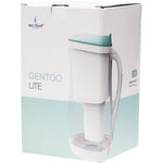 Ecobud Gentoo 1.5L aqua and white plastic water filter jug viewed from the front on a white background.