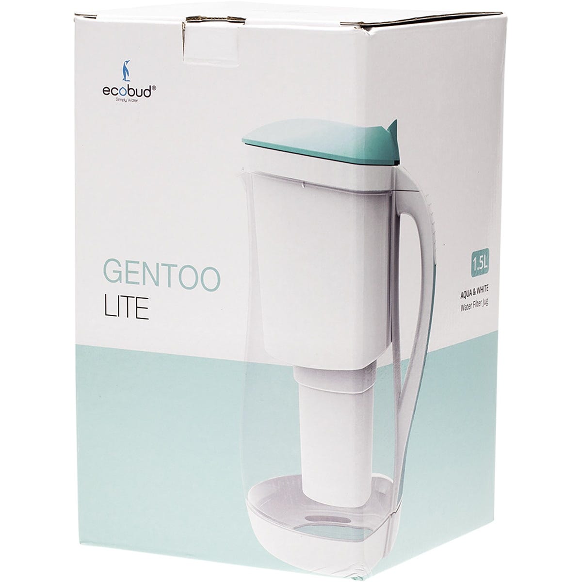 Ecobud Gentoo 1.5L aqua and white plastic water filter jug viewed from the front on a white background.