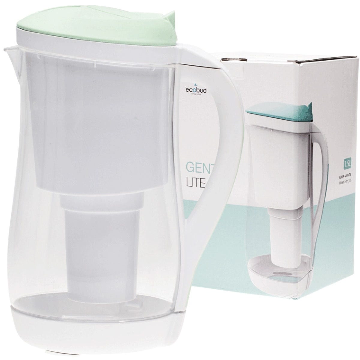 Aqua and white 1.5L Ecobud Gentoo plastic water filter jug with a blue lid and ergonomic handle on a white background.