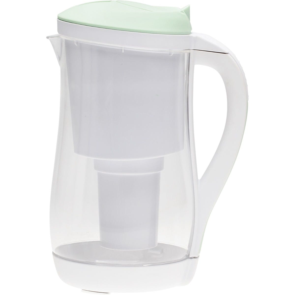 Aqua and white 1.5L Ecobud Gentoo plastic water filter jug shown from a side angle on a white background.