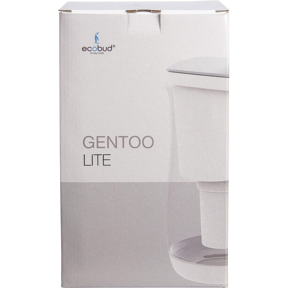 Side view of a grey and white 1.5L Ecobud Gentoo water filter jug showing its sleek design and easy-pour spout.