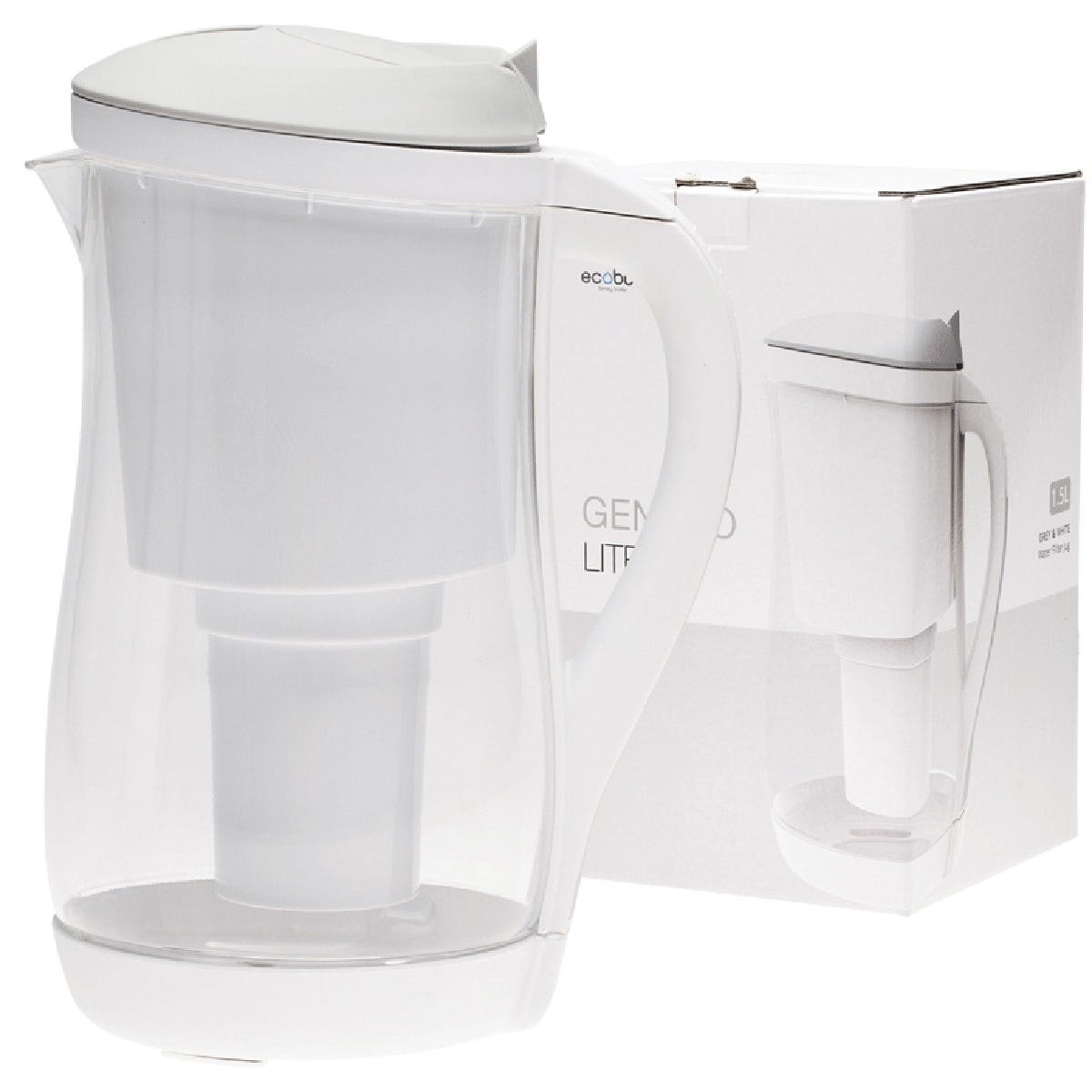 Grey and white 1.5L Ecobud Gentoo plastic water filter jug with a sleek, modern design and easy-grip handle.