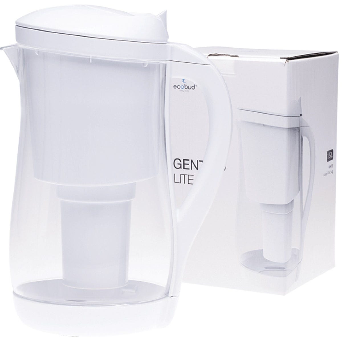 White 1.5L Ecobud Gentoo plastic alkaline water filter jug with an easy-grip handle and a filter reminder in the lid.