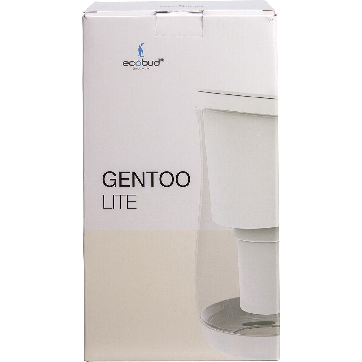 Side view of a white Ecobud Gentoo 1.5L water filter jug with an easy-grip handle on a white background.