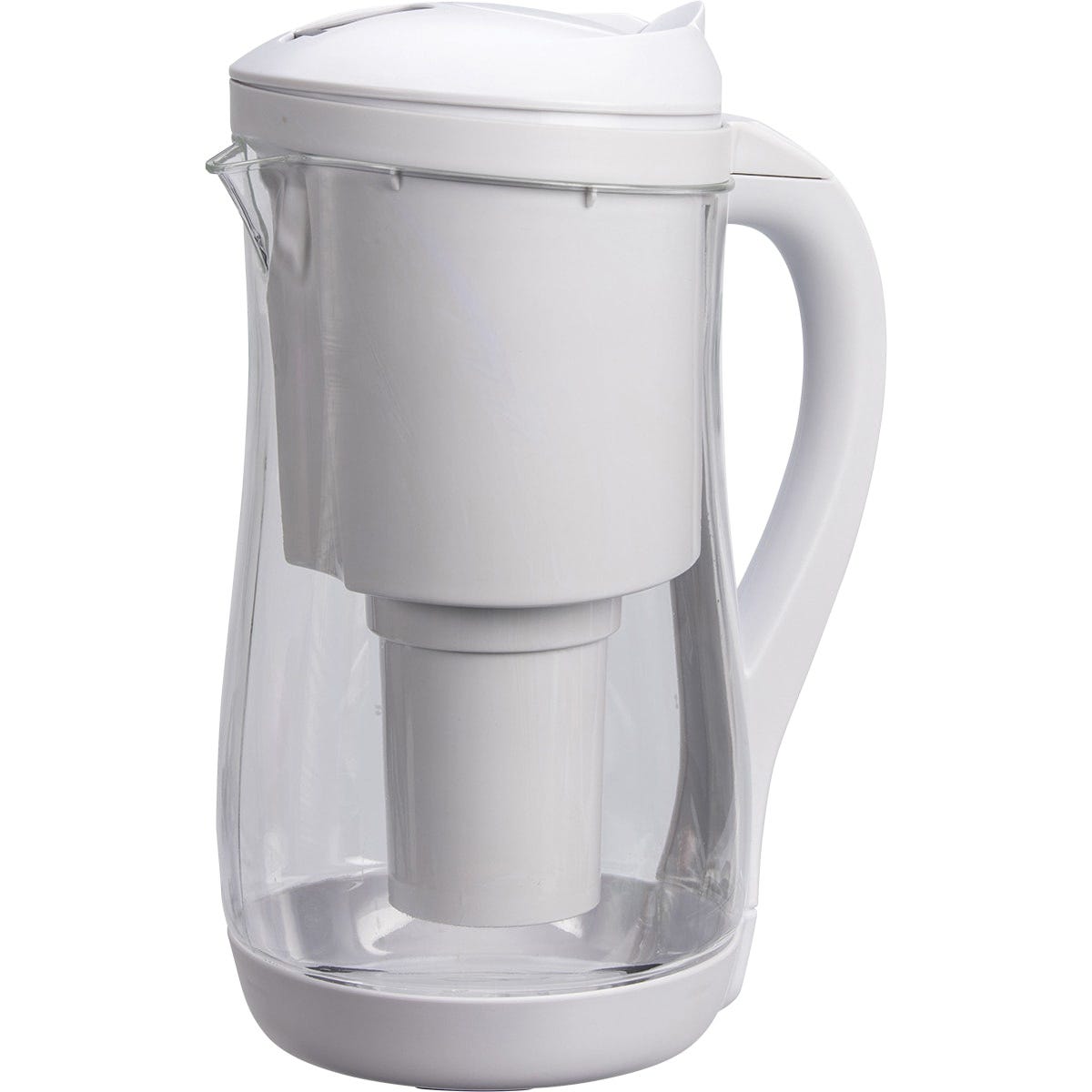 White Ecobud Gentoo 1.5L alkaline water filter jug with an easy-grip handle and a blue lid on a white background.