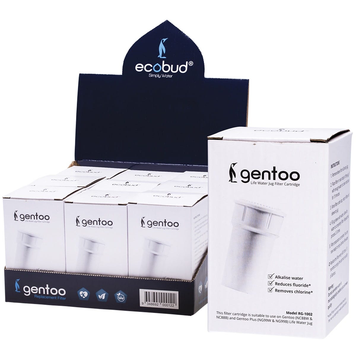 Nine white Ecobud Gentoo replacement water filter cartridges arranged in three rows on a white background.