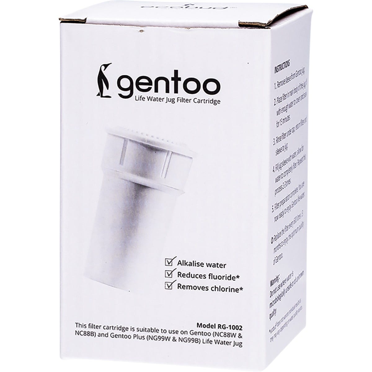 Single white Ecobud Gentoo replacement water filter cartridge on a white background.