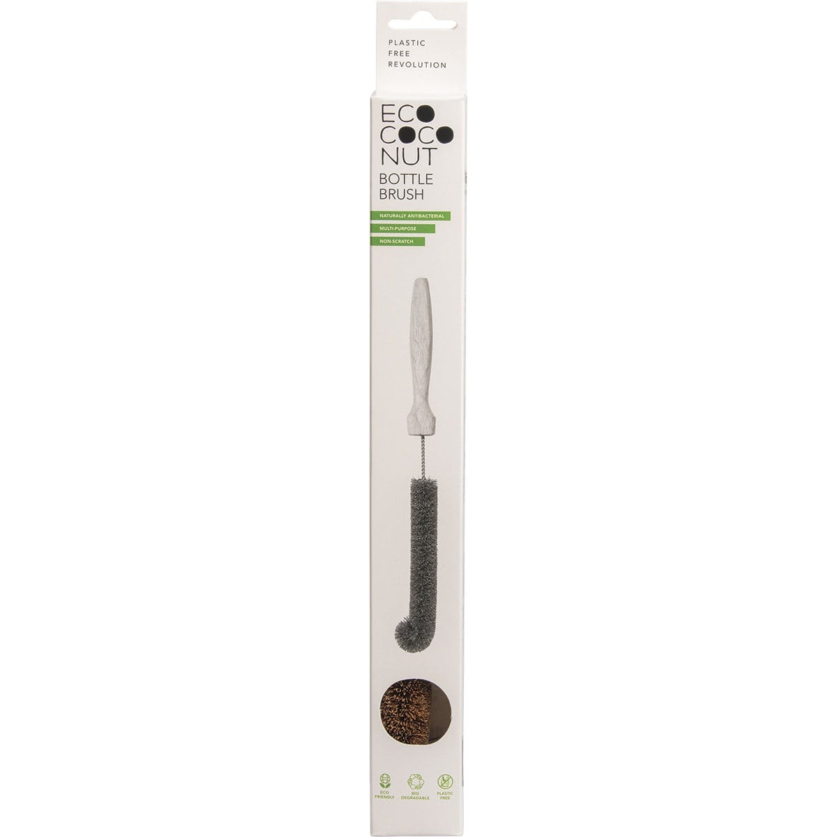 Eco-friendly bottle brush with coconut fiber bristles and a curved tip on a wooden handle against a white background.