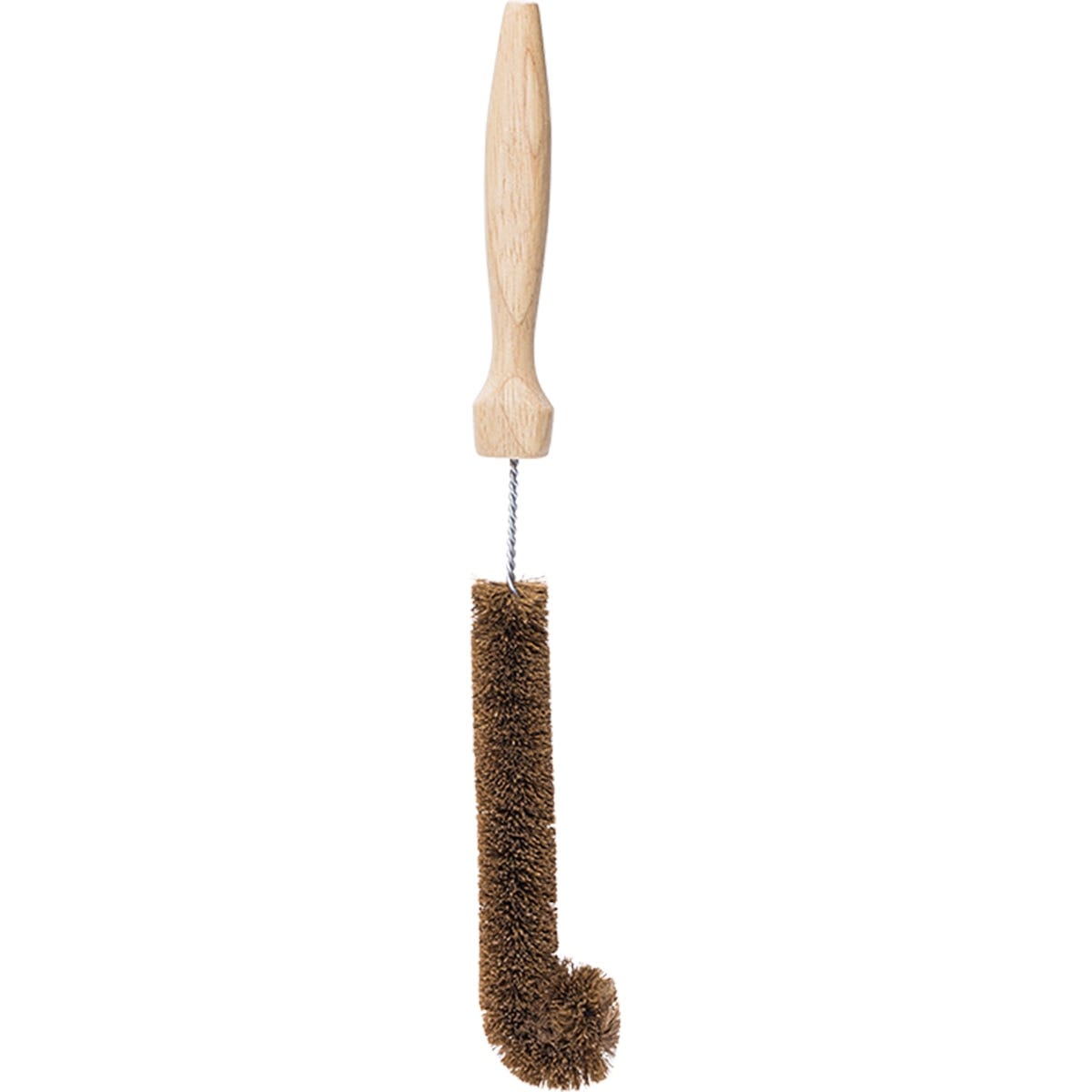 Eco-friendly bottle brush with coconut fiber bristles and a curved tip on a wooden handle.