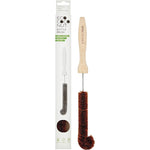 Eco-friendly bottle brush with coconut fiber bristles and a curved tip on a wooden handle.