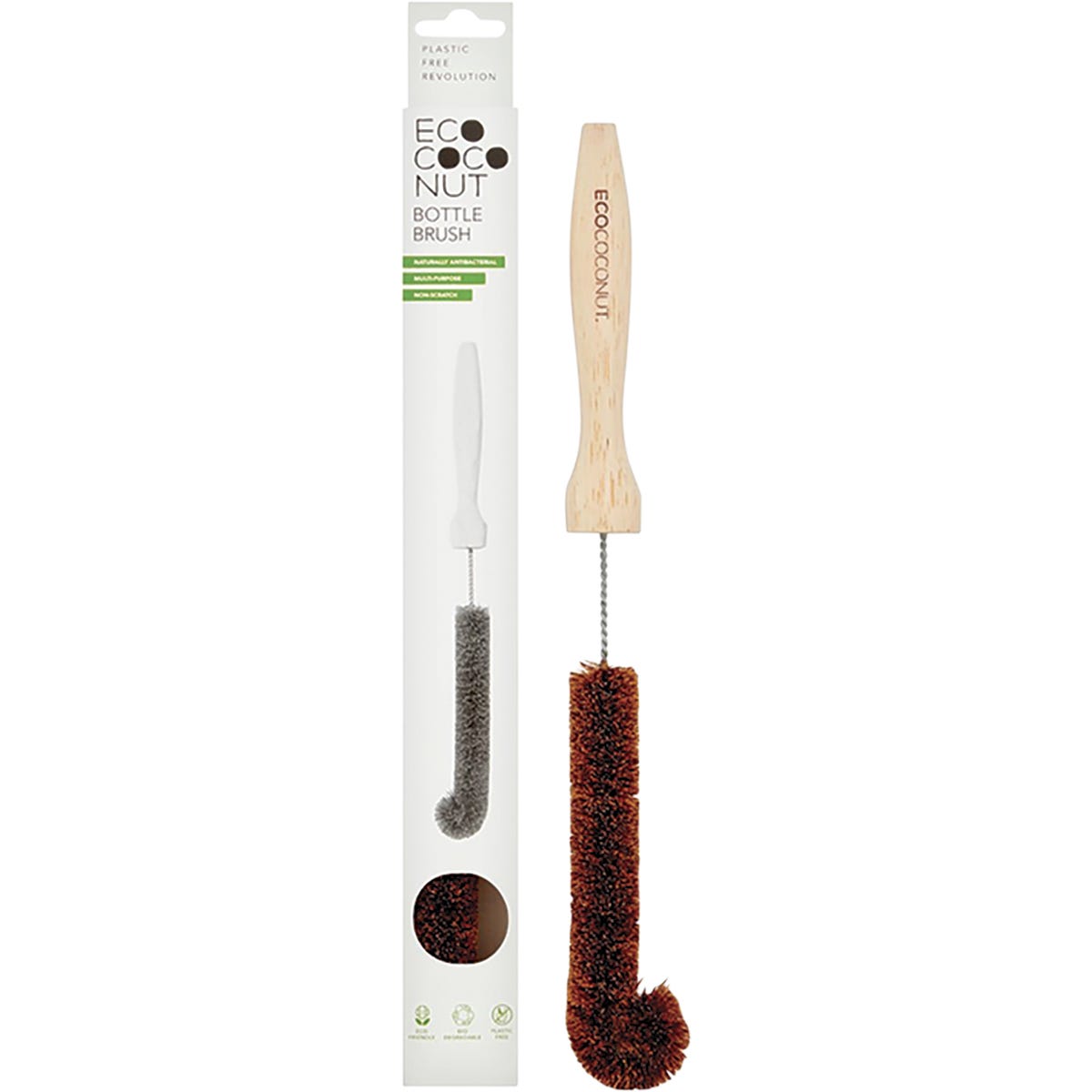 Eco-friendly bottle brush with coconut fiber bristles and a curved tip on a wooden handle.