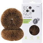 Two circular EcoCoconut scourers made from natural coconut fibre, packaged with a cardboard header.