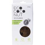 Close-up of two circular EcoCoconut fibre scourers with a cardboard header on a plain white background.