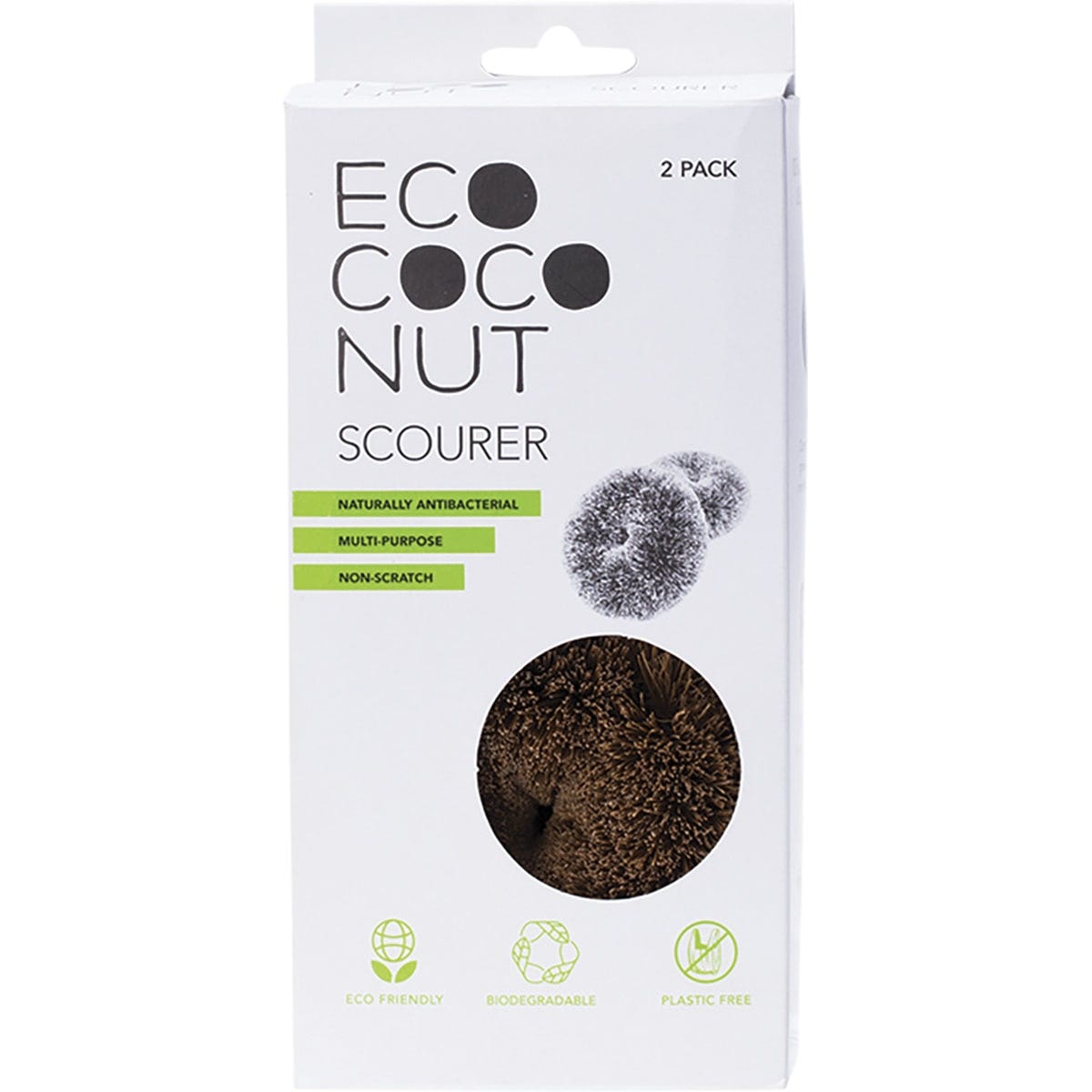Close-up of two circular EcoCoconut fibre scourers with a cardboard header on a plain white background.