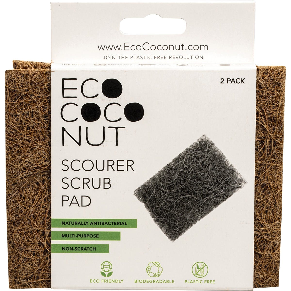 Two-pack of biodegradable EcoCoconut scrub pads made from coconut coir and natural rubber on a white background.