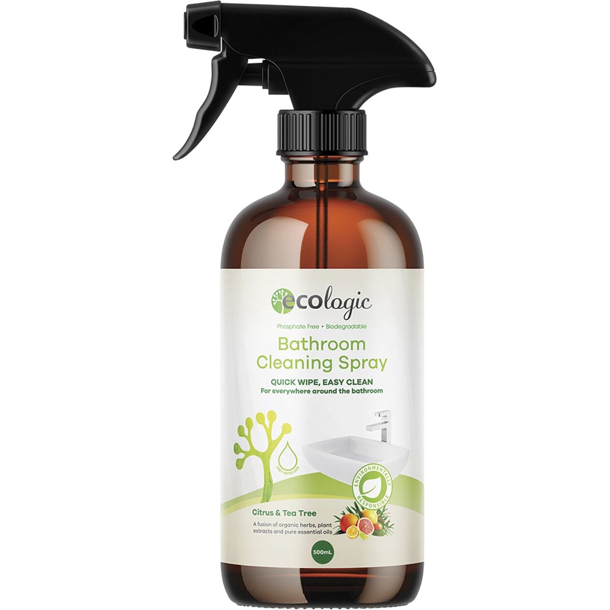 500ml spray bottle of Ecologic Citrus and Tea Tree Bathroom Cleaning Spray with a green and white label.