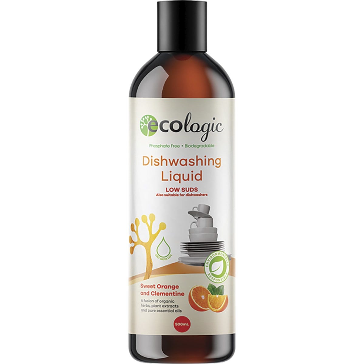 500ml bottle of ECOLogic Sweet Orange and Clementine dishwashing liquid with an orange label on a white background.