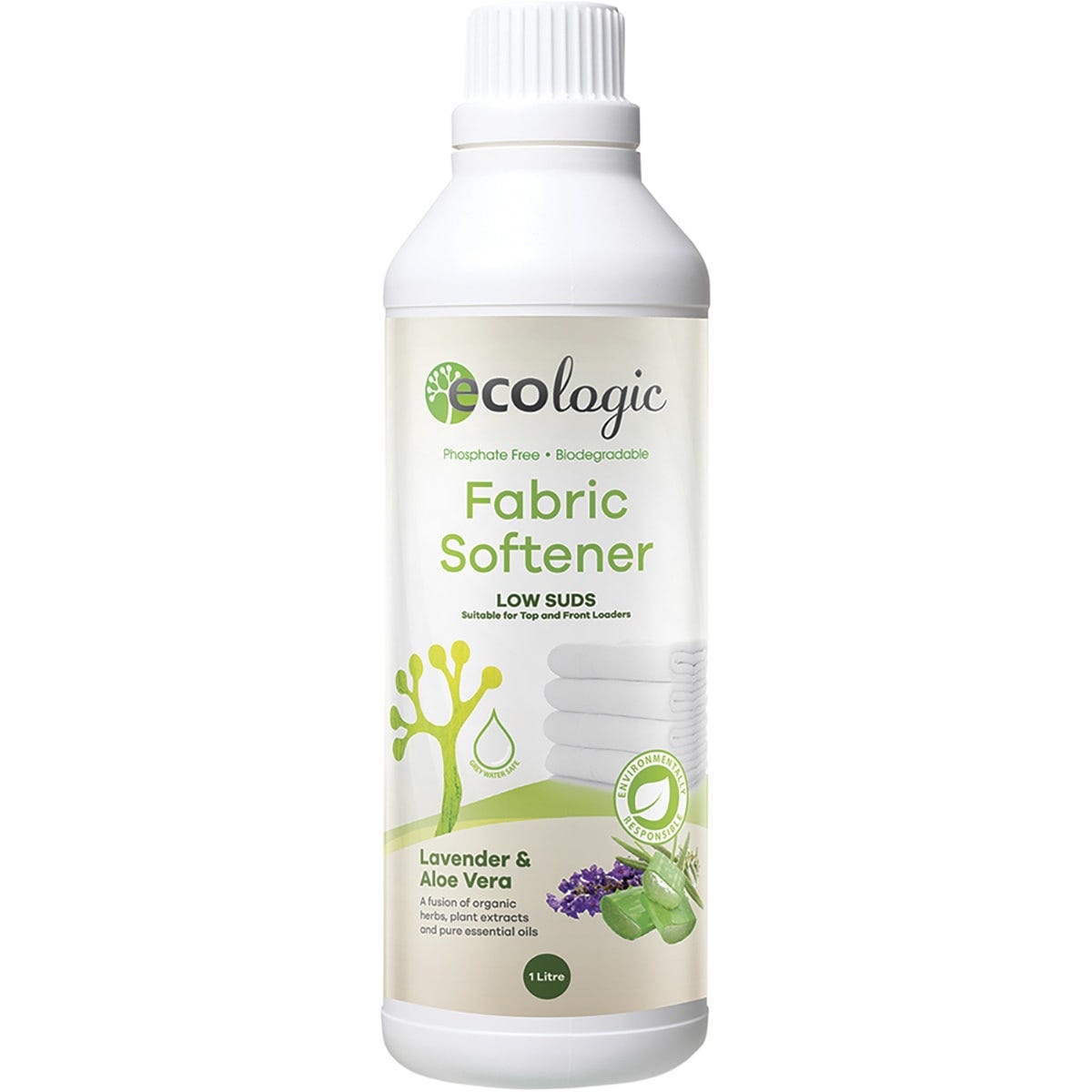 1L bottle of Ecologic Fabric Softener Lavender & Aloe Vera with a floral label on a white background.
