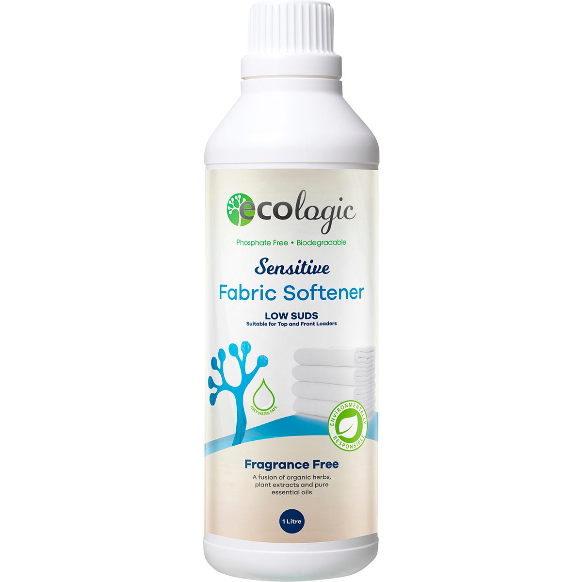 1L bottle of Ecologic Sensitive Fabric Softener with a white cap and a light purple floral label.