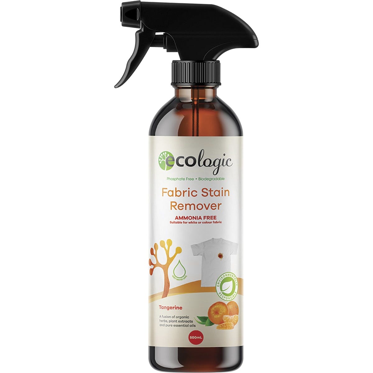 Ecologic Fabric Stain Remover Tangerine 500ml spray bottle with a clear label and orange citrus illustrations.