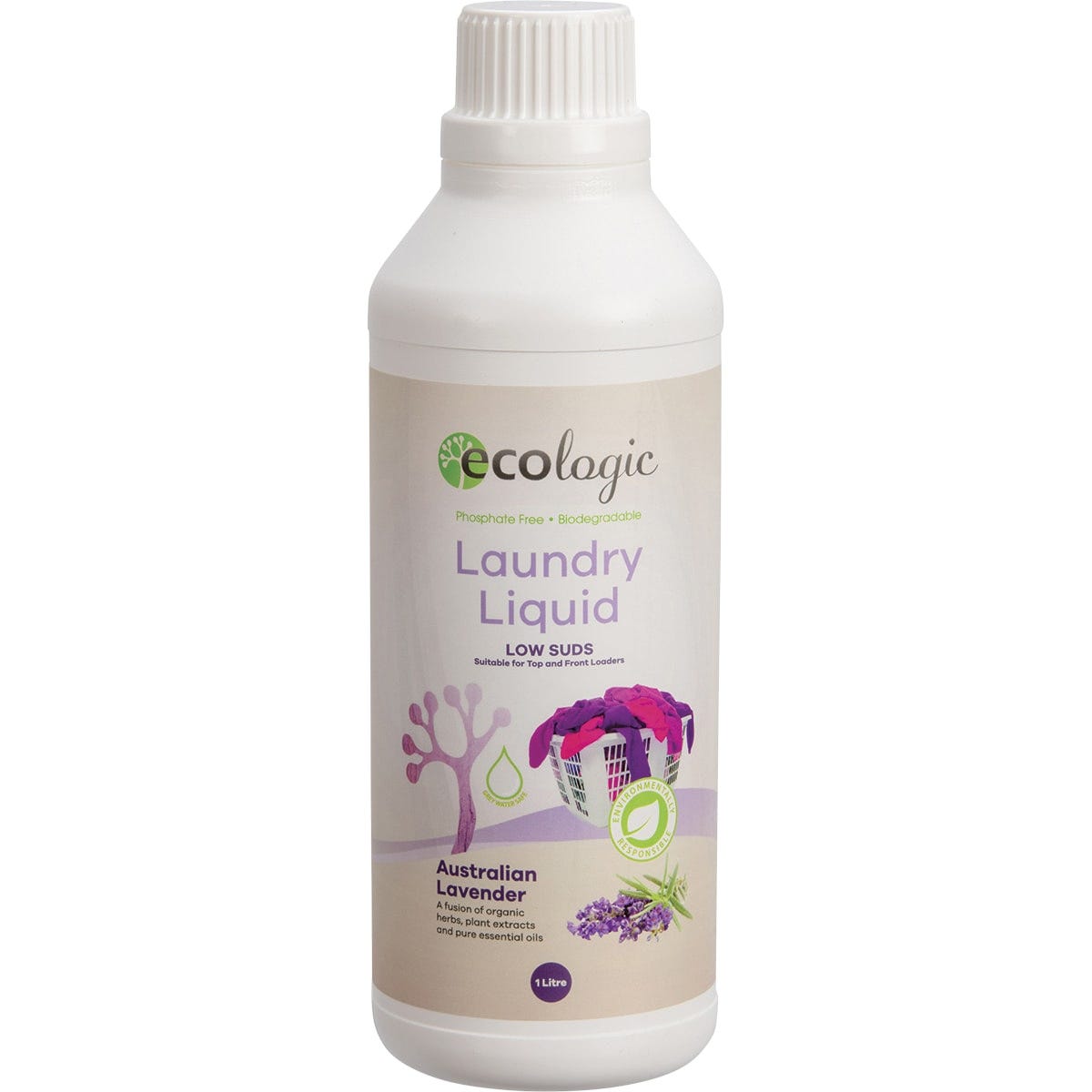 1L bottle of Ecologic Australian Lavender Laundry Liquid with organic ingredients on a white background.