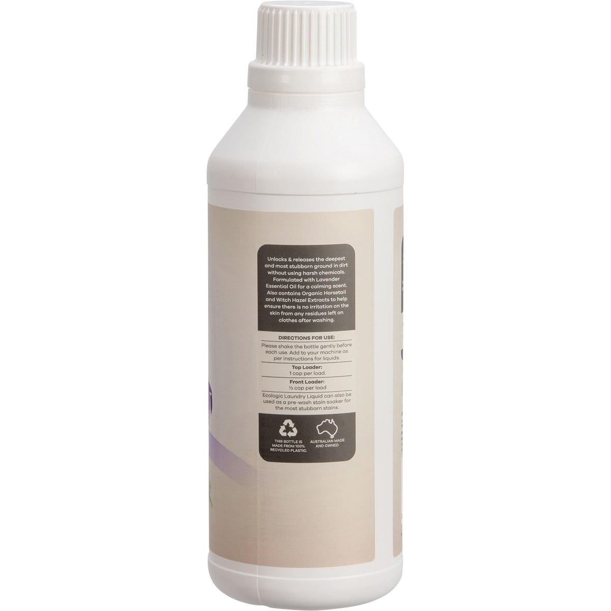 Side view of a 1L Ecologic Australian Lavender Laundry Liquid bottle highlighting its organic and biodegradable features.