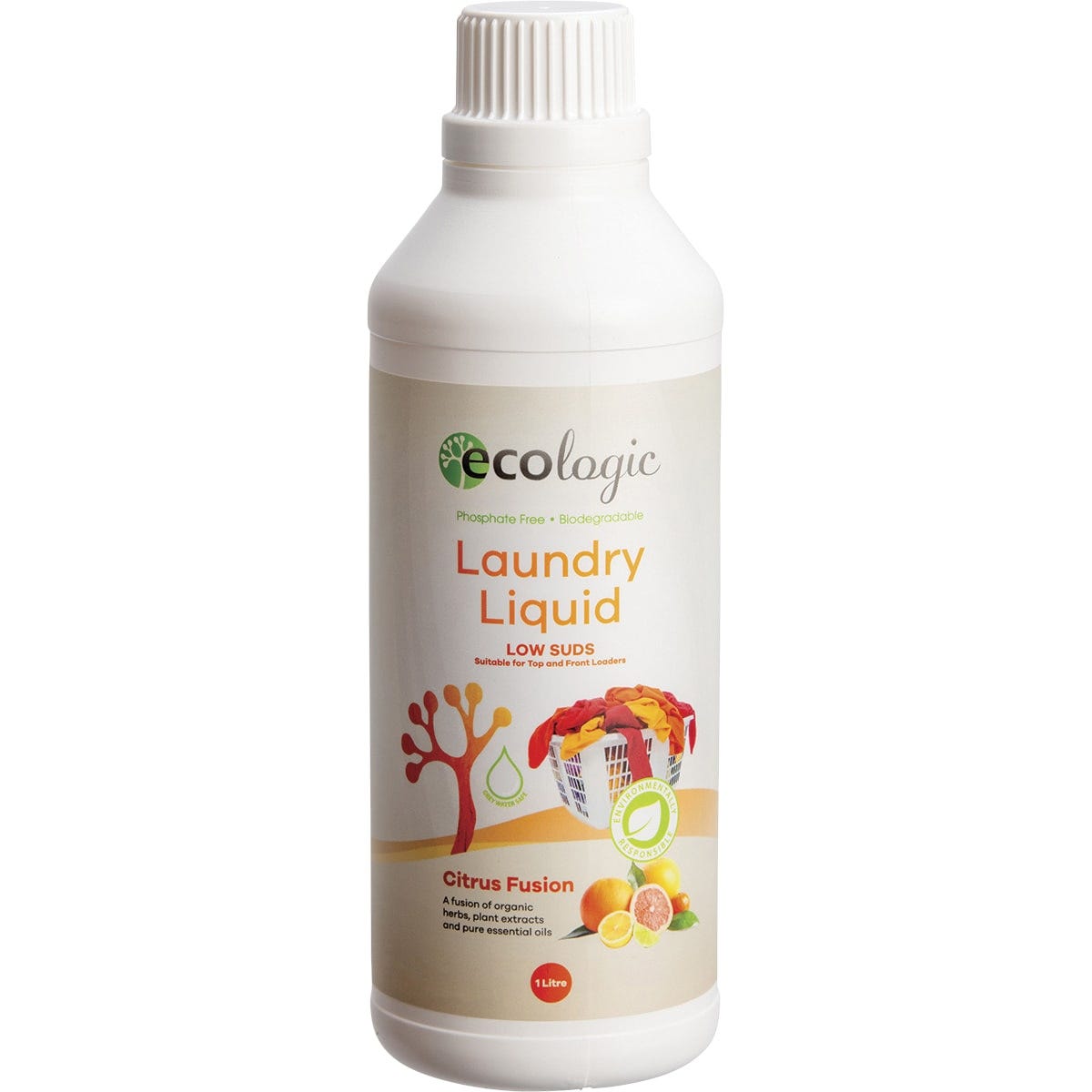 1L bottle of Ecologic Citrus Fusion laundry liquid featuring citrus illustrations and a white cap on a white background.