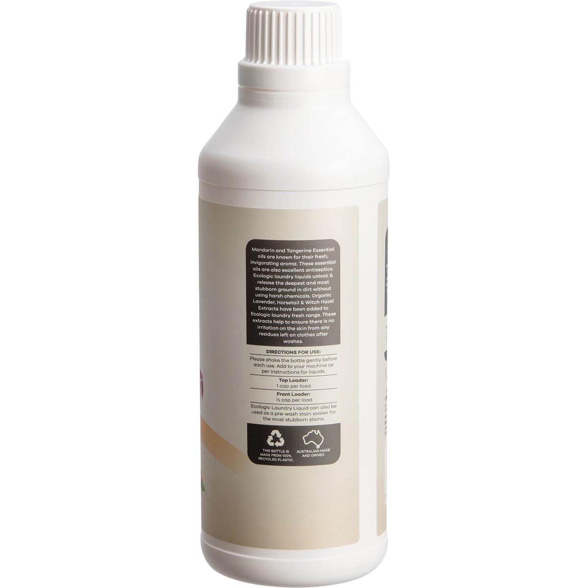 Back of 1L Ecologic Citrus Fusion bottle showing ingredients, directions, and eco-friendly certifications.