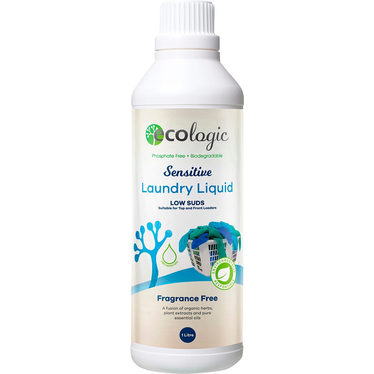 1L bottle of Ecologic Sensitive Laundry Liquid on a white background, featuring a green label with a leaf illustration.