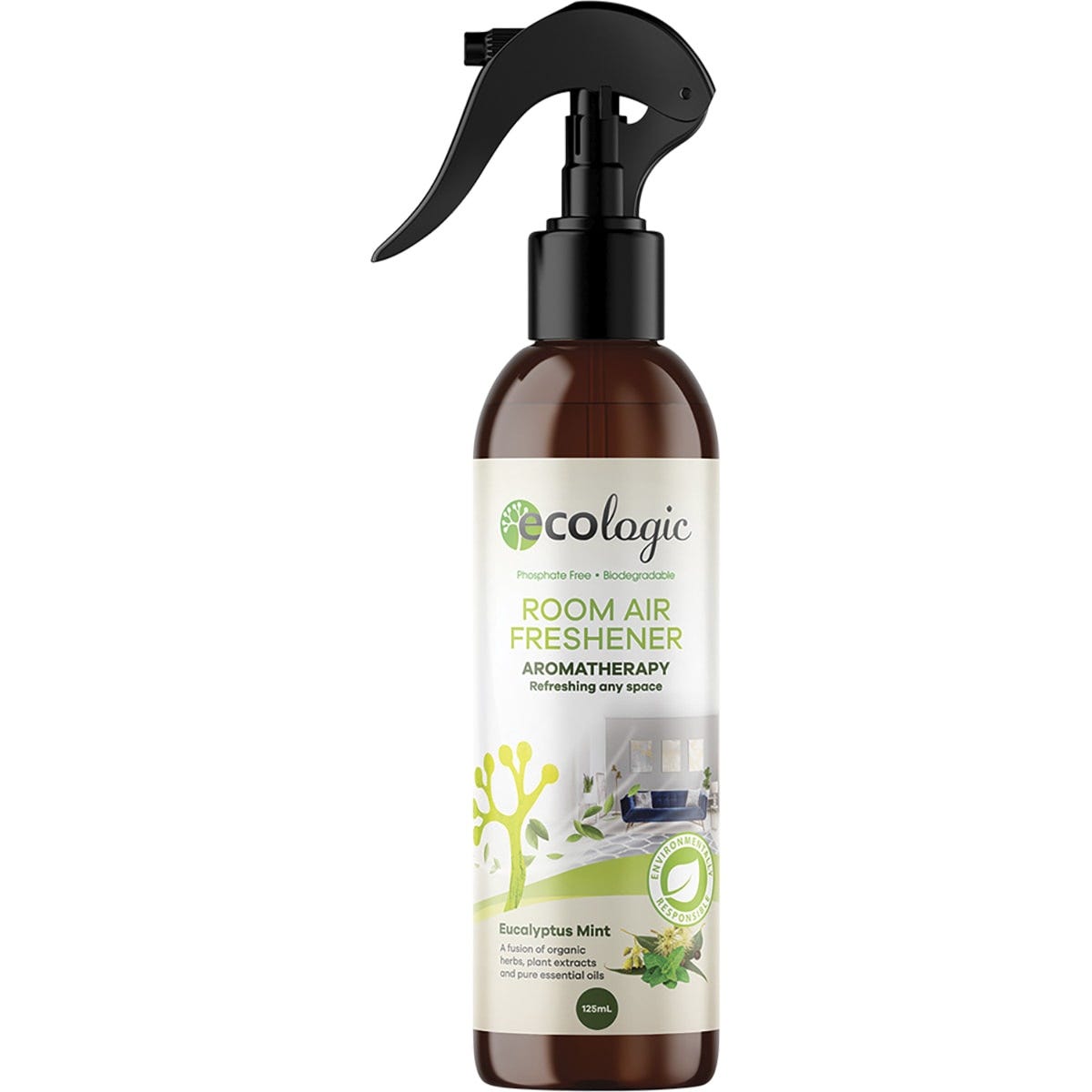 125ml bottle of Ecologic Eucalyptus Mint Room Air Freshener with a spray nozzle and botanical label illustrations.