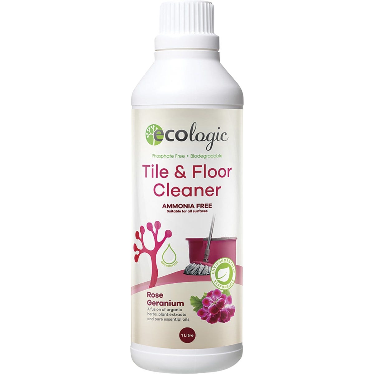 1L bottle of ECOLogic Rose Geranium Tile and Floor Cleaner with a white cap and floral label illustrations.