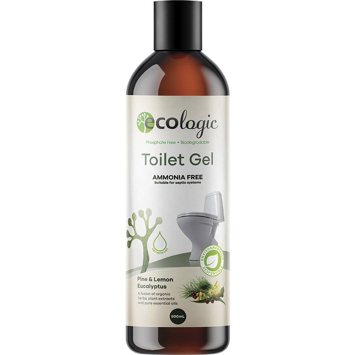 500ml bottle of Ecologic Toilet Gel Pine & Lemon Eucalyptus with a green and white label on a white background.