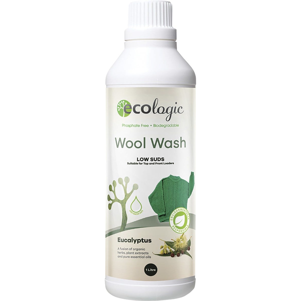 1L bottle of Ecologic Eucalyptus Wool Wash with a green and white label featuring eucalyptus leaf illustrations.