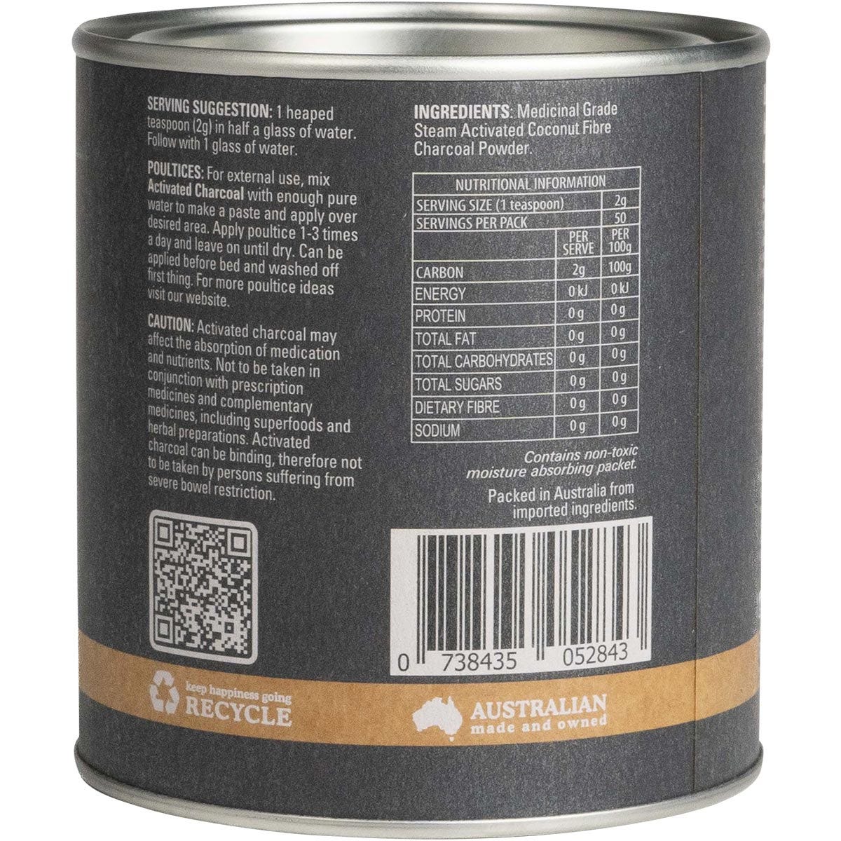 Back of Eden Healthfoods Activated Charcoal 100g tub showing ingredients, directions, and product information.