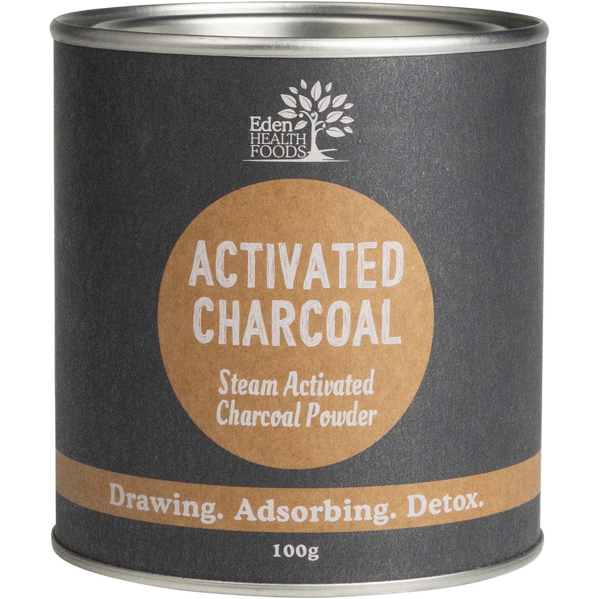 100g tub of Eden Healthfoods Activated Charcoal Steam Activated Charcoal Powder on a white background.