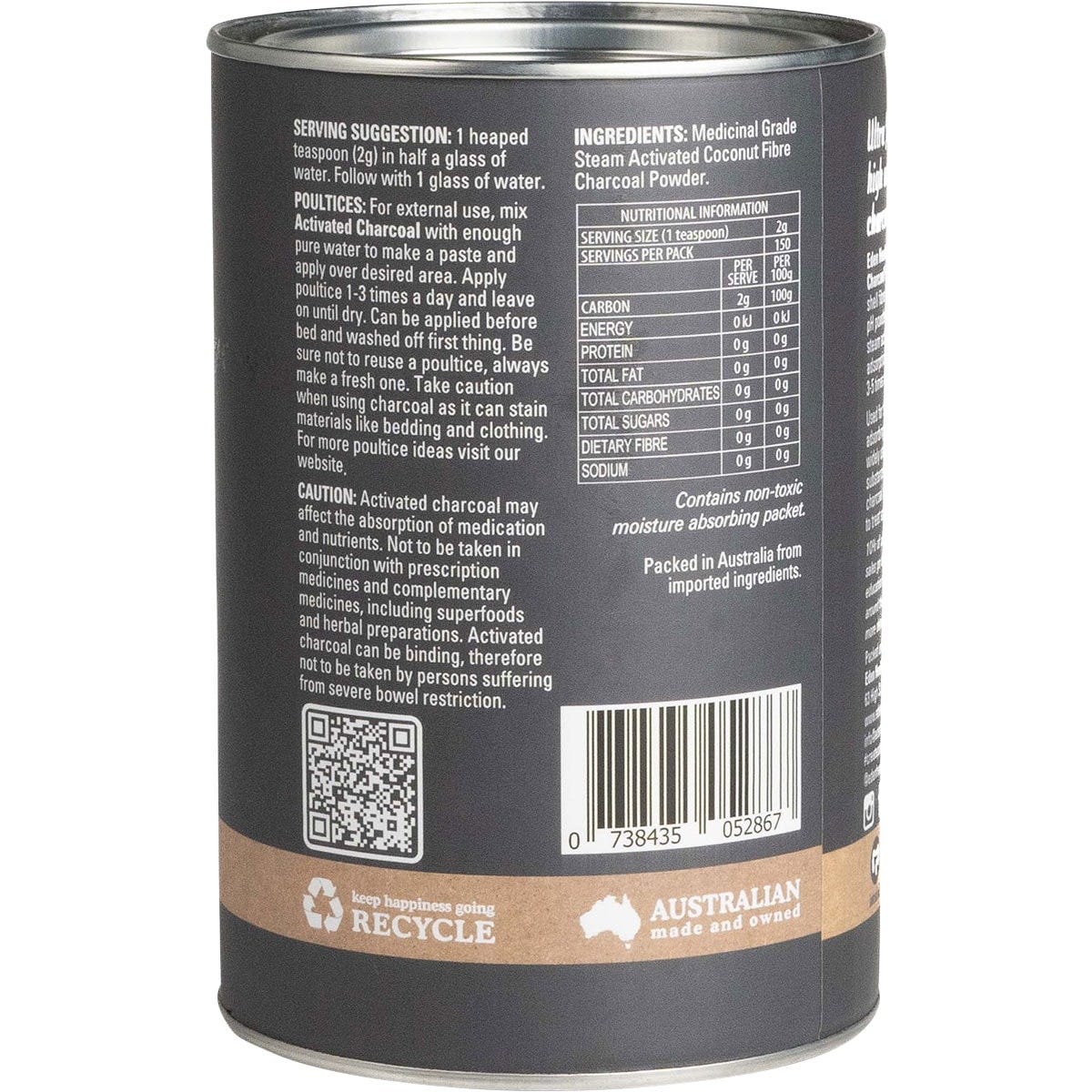 Side view of an Eden Healthfoods 300g Activated Charcoal Powder tub showing benefits and medicinal grade information.