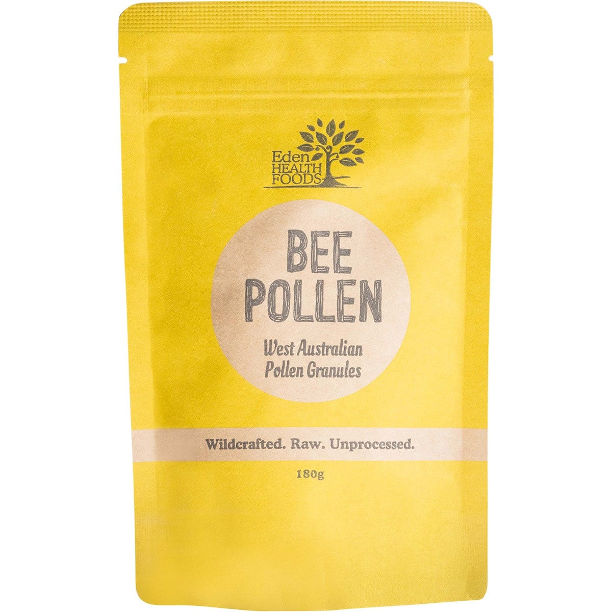 180g jar of Eden Healthfoods Bee Pollen Raw & Unprocessed featuring yellow granules on a white background.