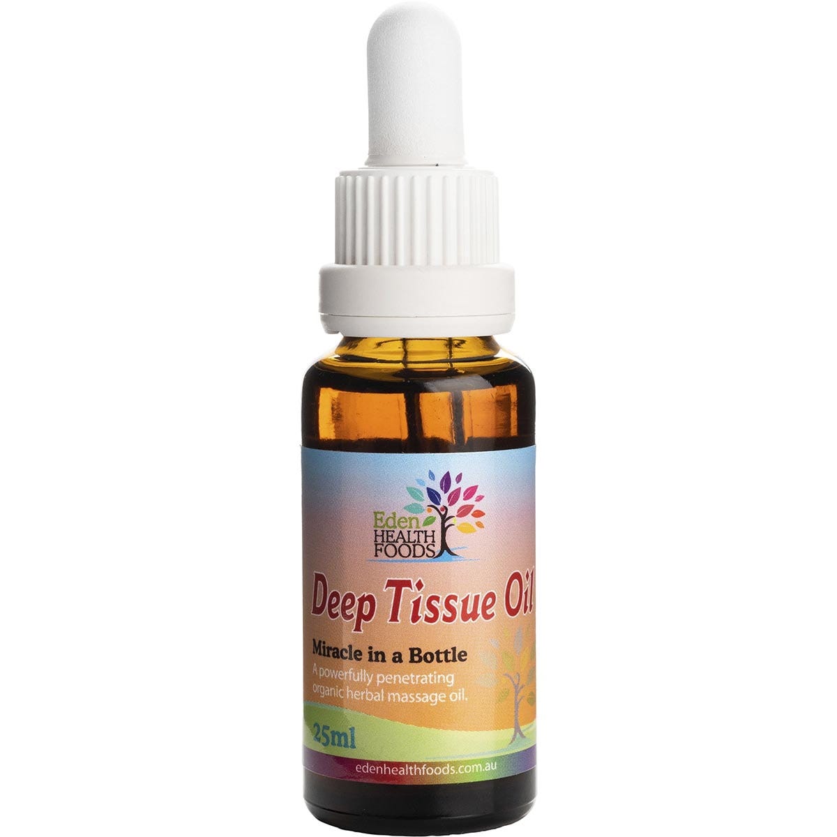 25ml amber glass bottle of Eden Healthfoods Deep Tissue Oil with a black dropper lid on a white background.