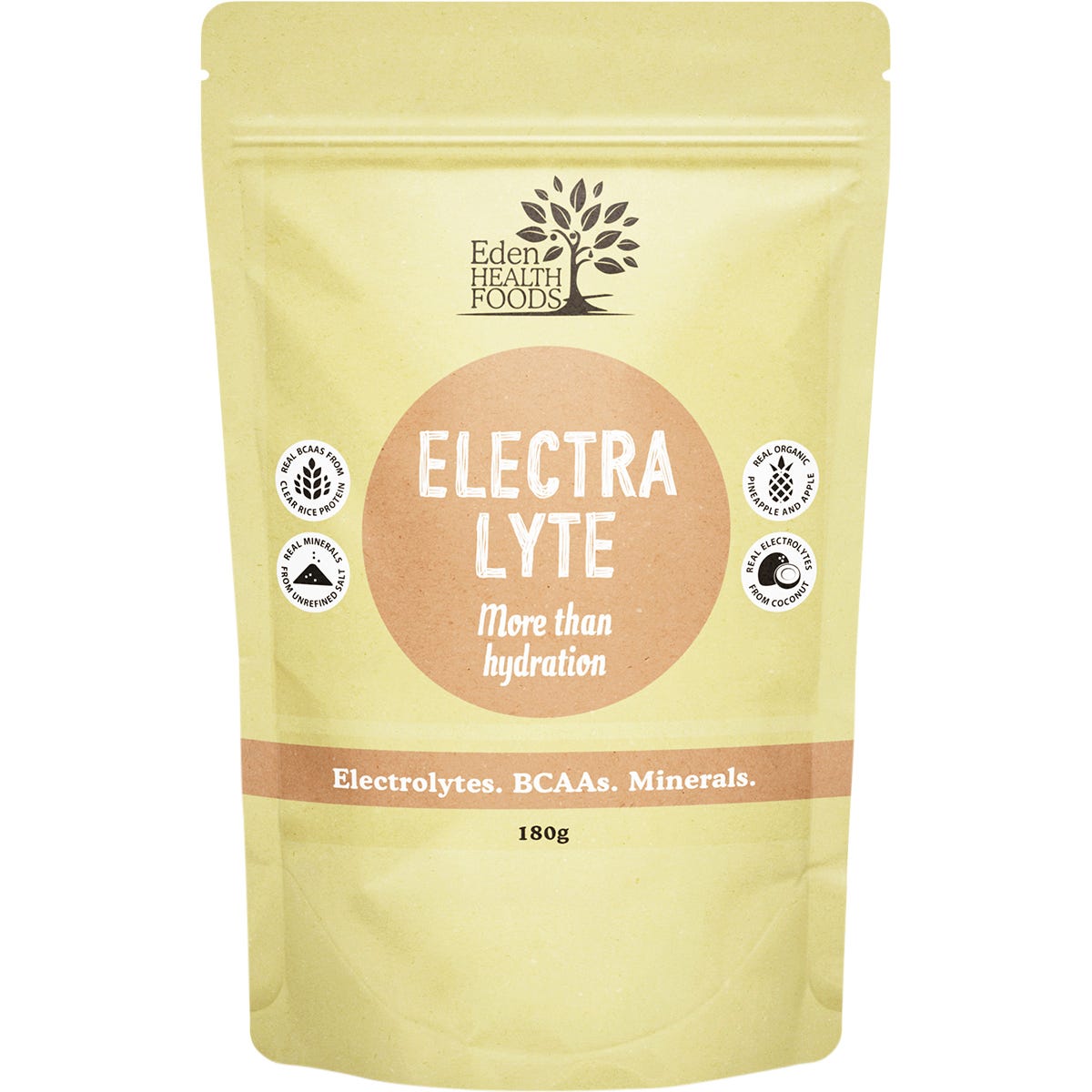 180g tub of Eden Healthfoods Electra-Lyte Pineapple and Apple with Celtic Sea Salt on a white background.