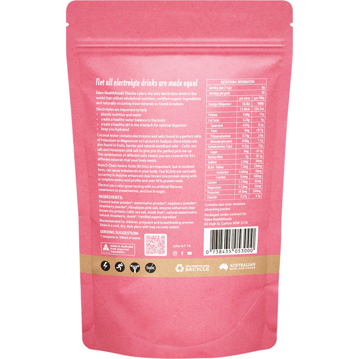 180g tub of Eden Healthfoods Electra-Lyte Watermelon and Berry powder with Celtic sea salt on a white background.
