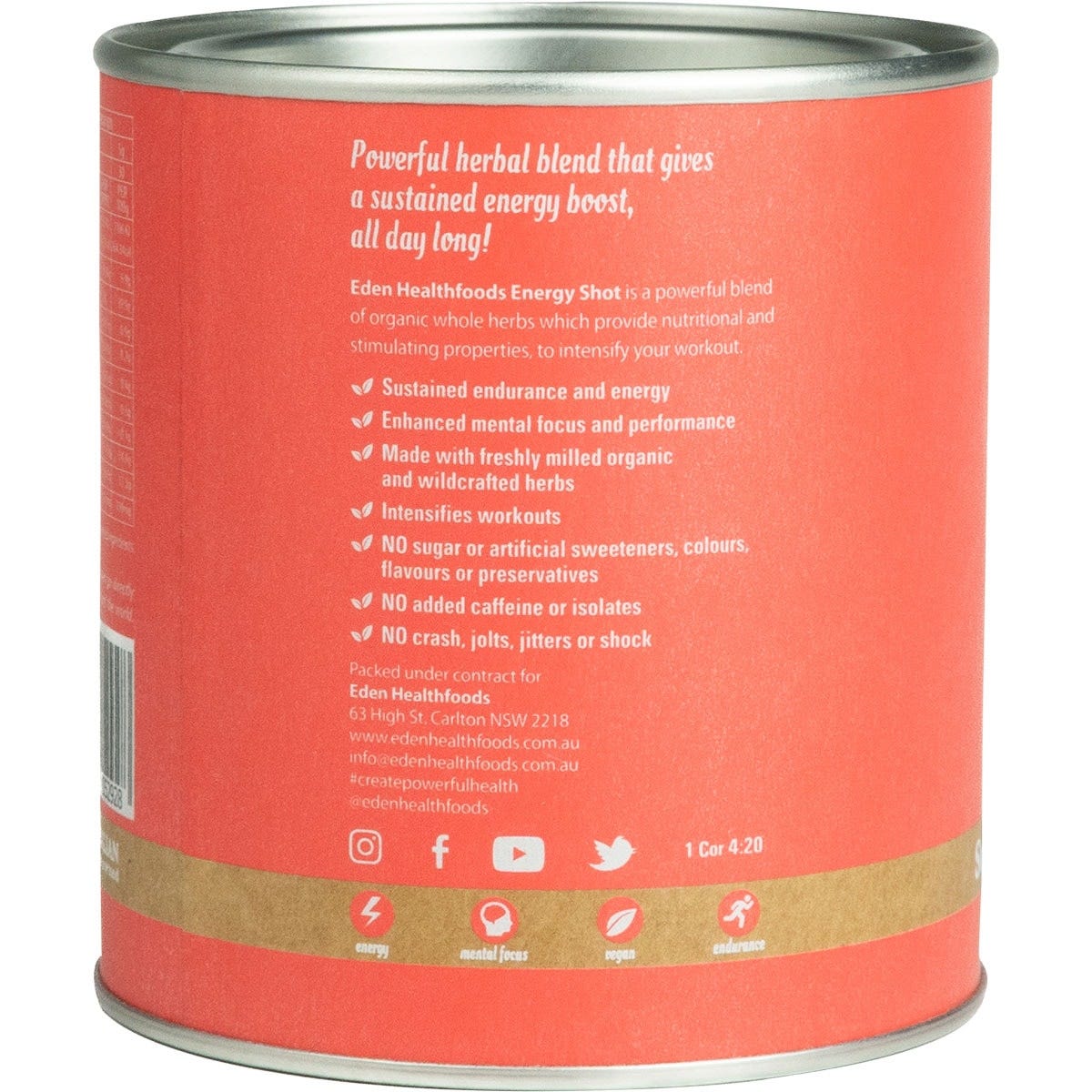 Eden Healthfoods Energy Shot 150g tub showing a detailed nutritional panel and organic ingredients list.