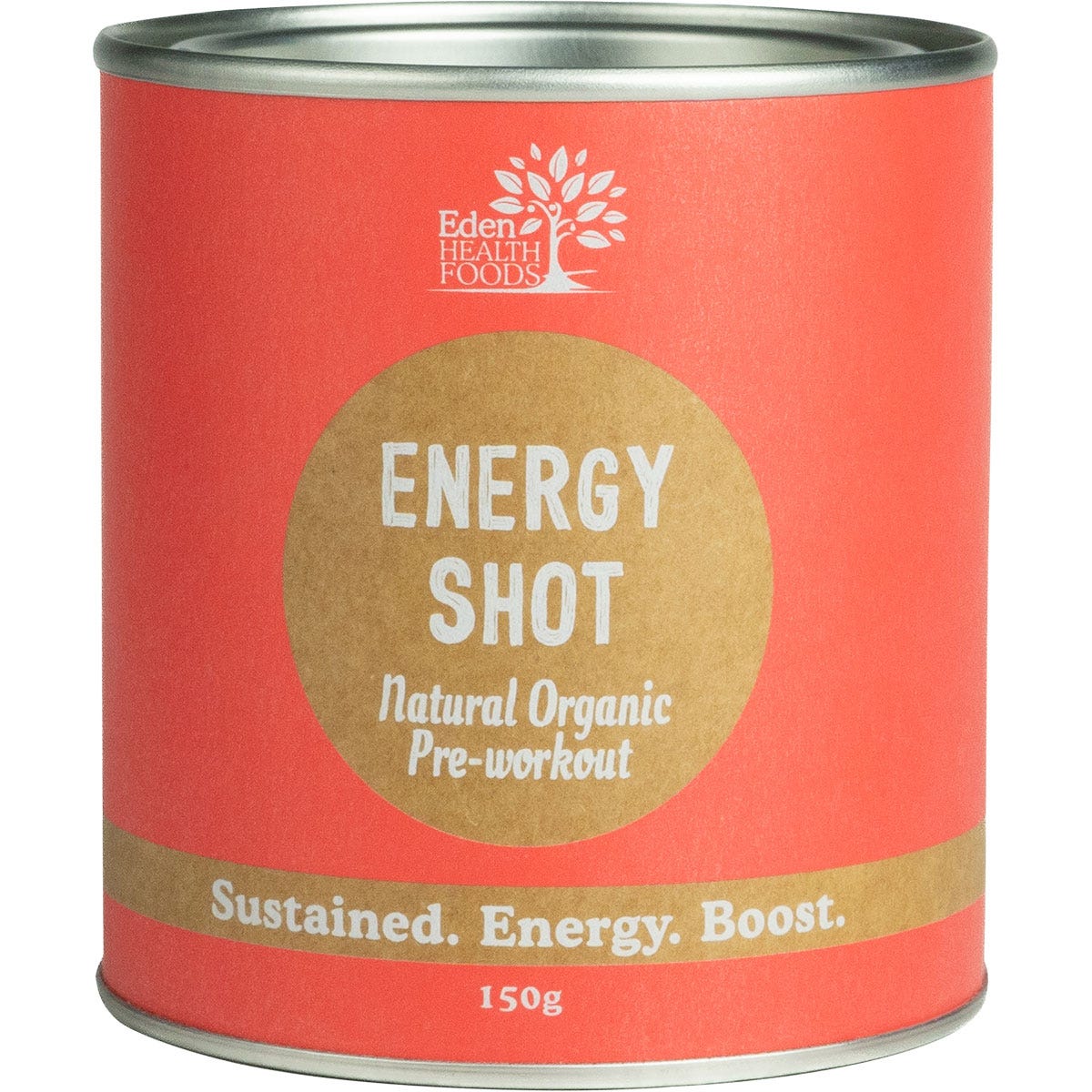 Eden Healthfoods Energy Shot 150g tub with organic pre-workout blend on a white background.