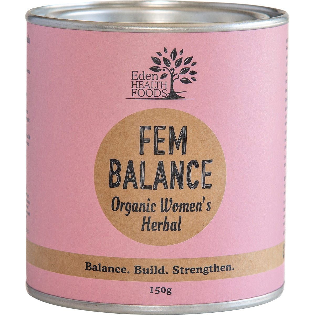150g tub of Eden Healthfoods Fem Balance, a herbal hormone support powder, on a clean white background.