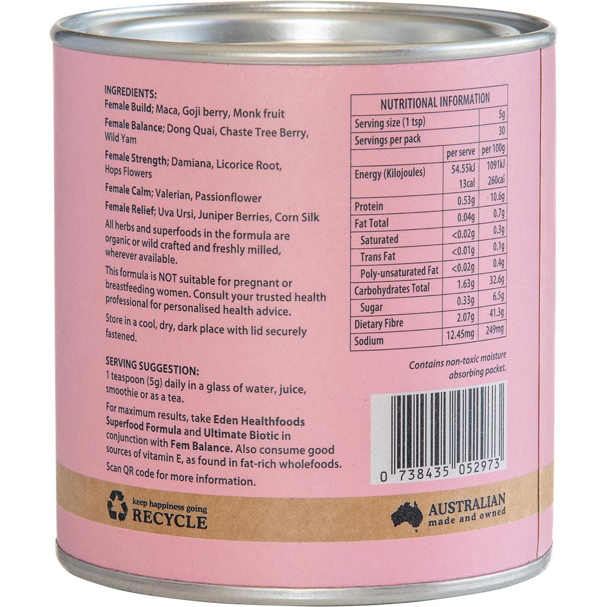 Side view of a 150g tub of Eden Healthfoods Fem Balance showing nutritional information and a list of organic ingredients.