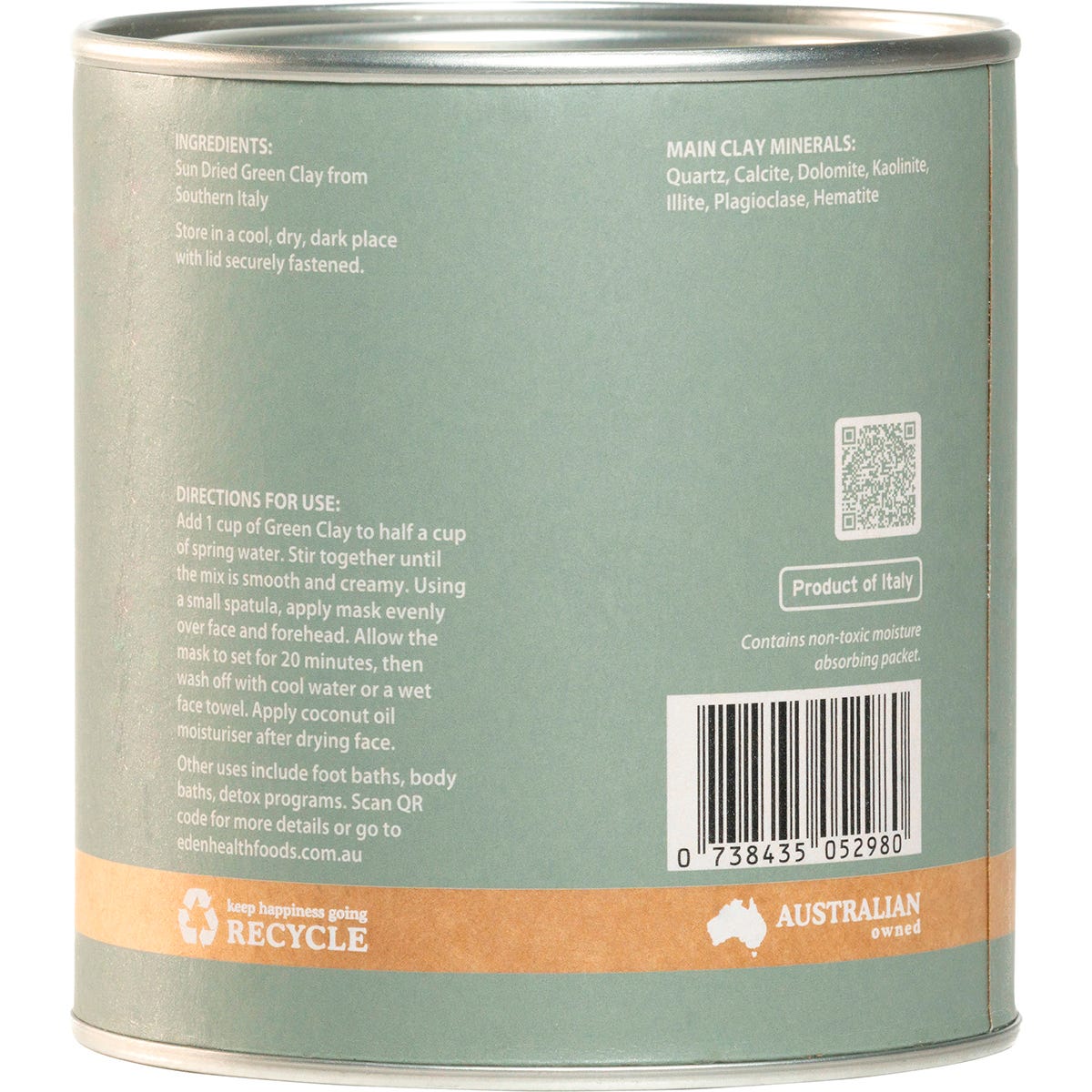 Top view of 150g Eden Healthfoods Green Clay tub with a green lid on a white background.